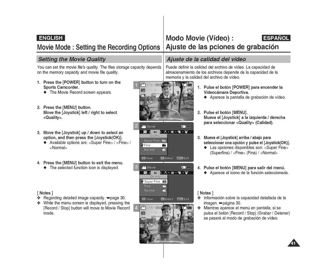 Samsung VP-X300L/XEO Setting the Movie Quality Ajuste de la calidad del vídeo, Available options are Super Fine / Fine 