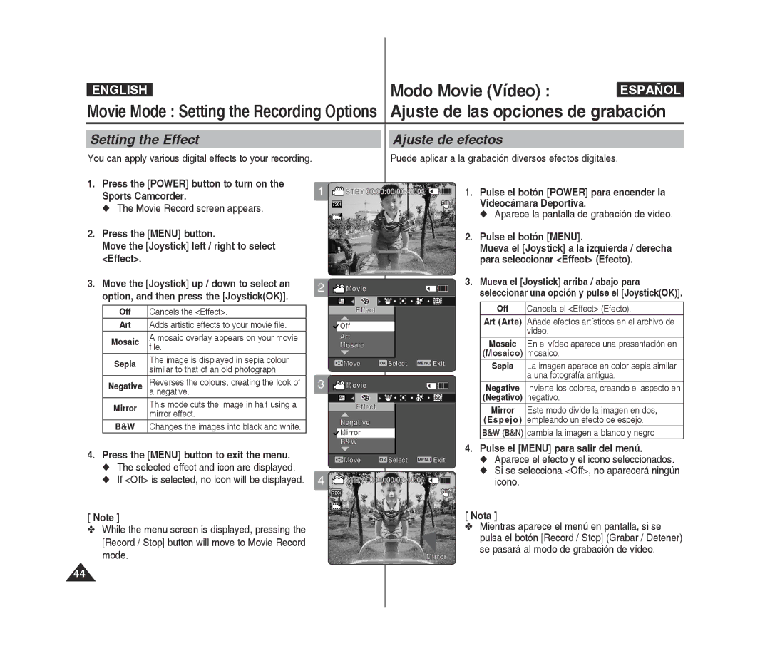 Samsung VP-X300/XET manual Setting the Effect, Ajuste de efectos, You can apply various digital effects to your recording 