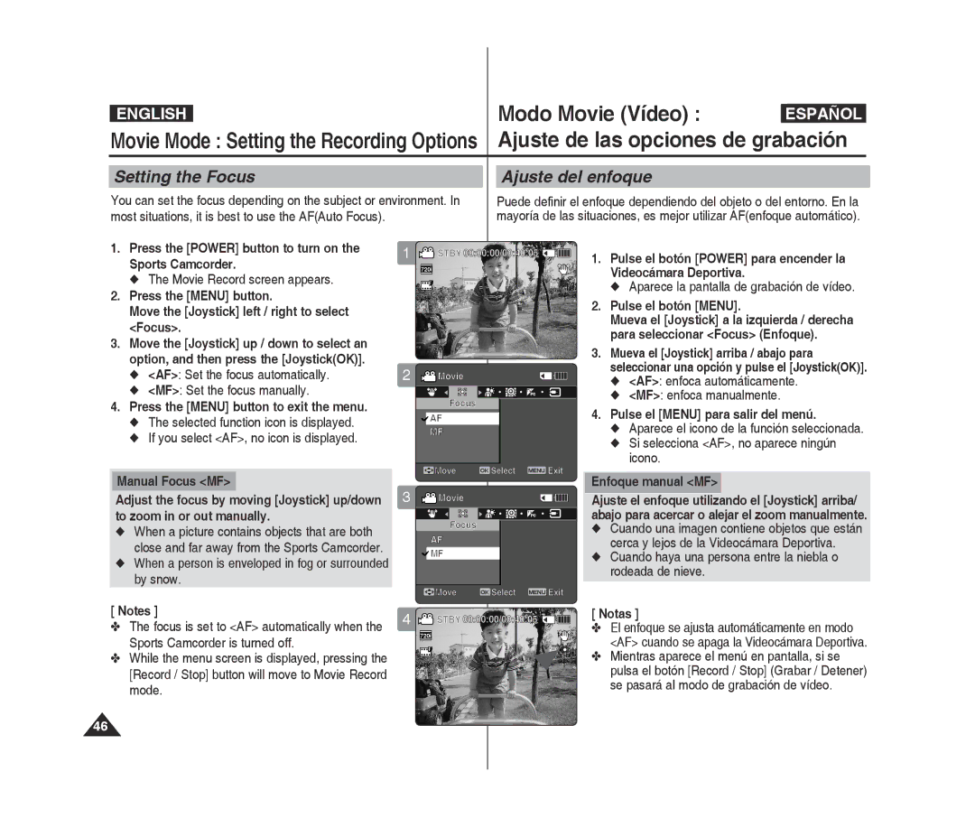 Samsung VP-X300L/XEE, VP-X300/XEF Setting the Focus, Ajuste del enfoque, AF Set the focus automatically, Enfoque manual MF 