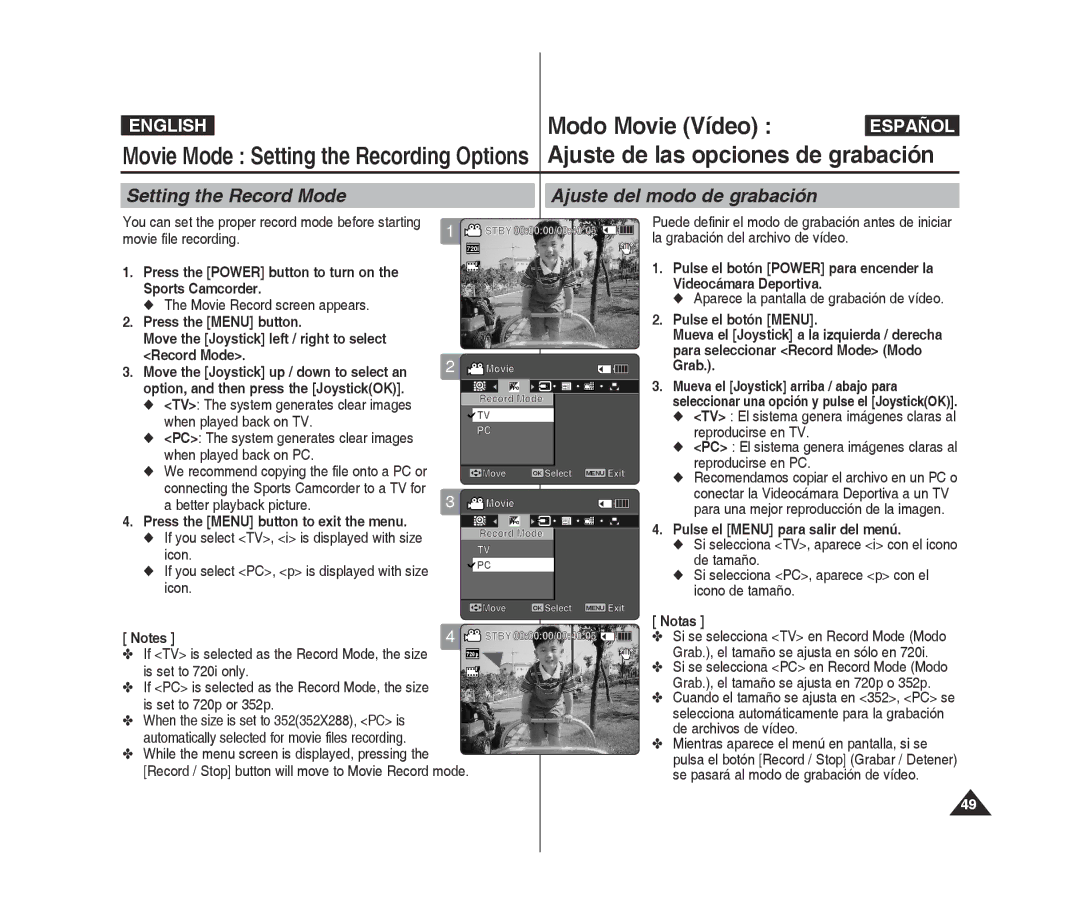 Samsung VP-X300/XEF Setting the Record mode Ajuste del modo de grabación, While the menu screen is displayed, pressing 