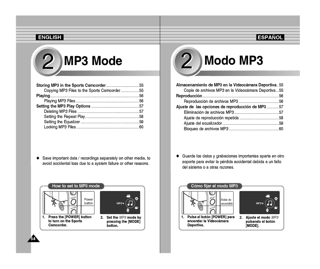 Samsung VP-X300L/XEF, VP-X300/XEF, VP-X300/XET, VP-X300L/XET, VP-X300L/XEE How to set to MP3 mode, Cómo fijar el modo MP3 