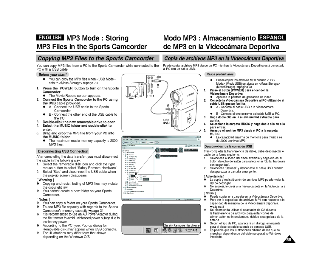 Samsung VP-X300/XEF, VP-X300L/XEF manual MP3 Mode Storing Modo MP3 Almacenamiento, Copying Mp3 files to the Sports Camcorder 