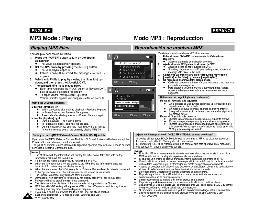 Samsung VP-X300/XET, VP-X300L/XEF MP3 Mode Playing Modo MP3 Reproducción, Playing Mp3 Files Reproducción de archivos Mp3 