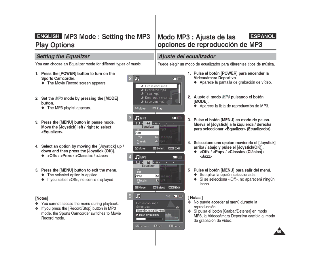 Samsung VP-X300L/XEO manual Setting the Equalizer, Ajuste del ecualizador, Set the MP3 mode by pressing the Mode button 