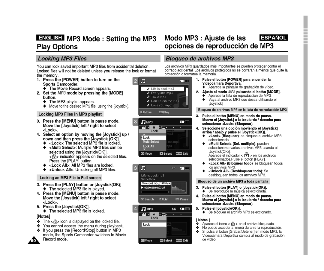 Samsung VP-X300L/XEF, VP-X300/XEF, VP-X300/XET, VP-X300L/XET, VP-X300L/XEE manual Locking Mp3 Files Bloqueo de archivos Mp3 