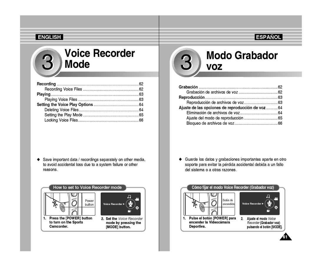 Samsung VP-X300/XEF manual How to set to Voice Recorder mode, Grabación de archivos de voz, Reproducción de archivos de voz 