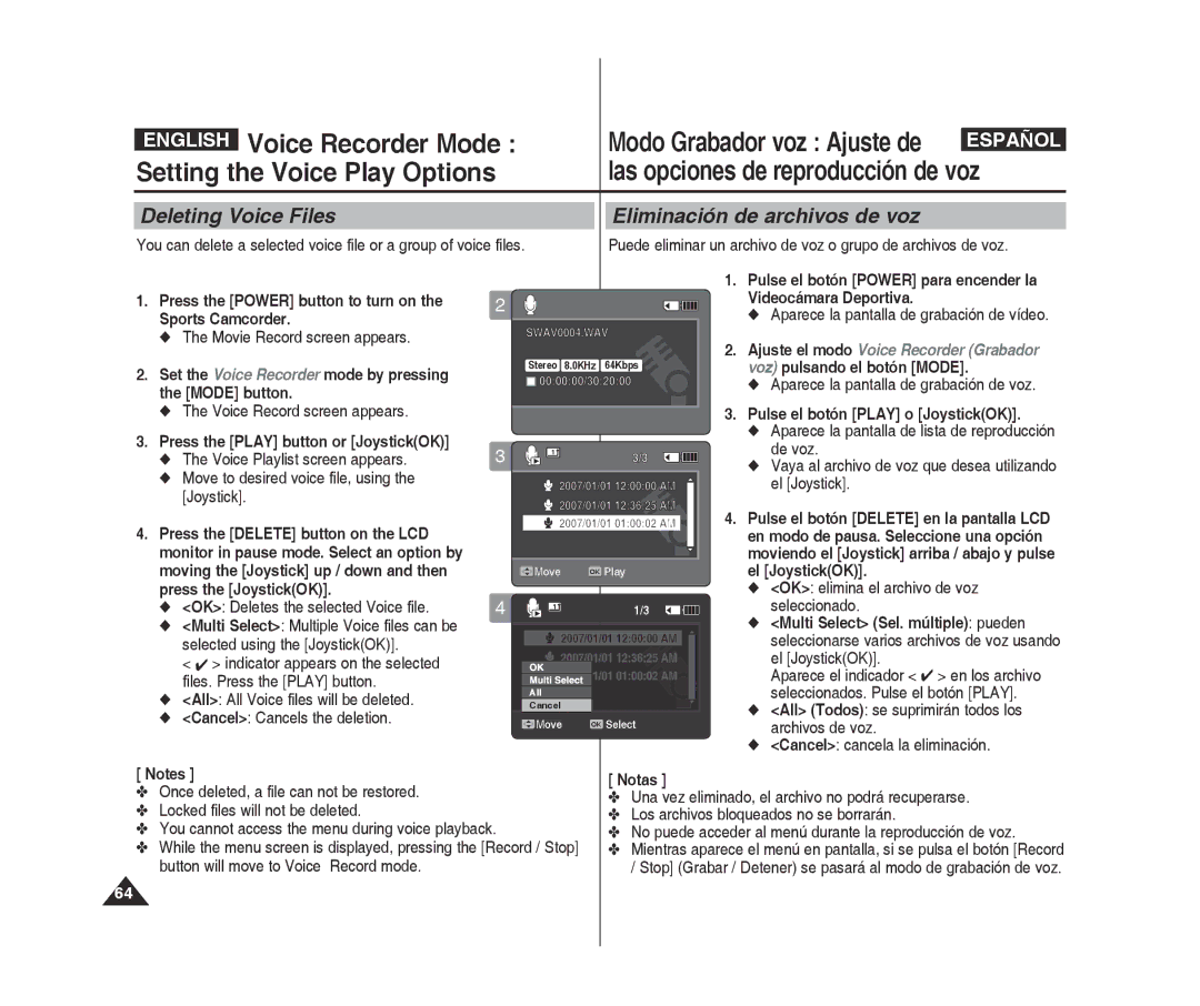 Samsung VP-X300L/XEE, VP-X300L/XEF manual English Voice Recorder Mode, Deleting Voice Files Eliminación de archivos de voz 