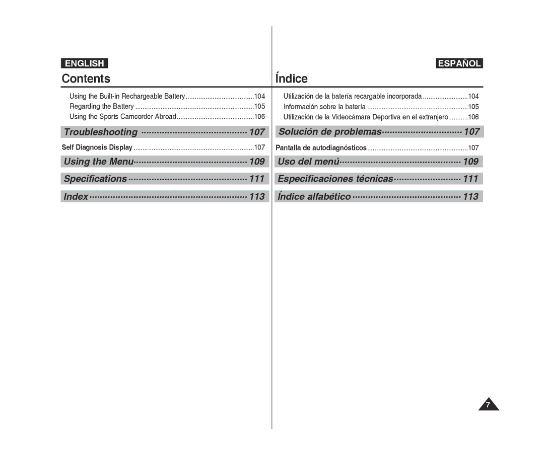 Samsung VP-X300/XEF, VP-X300L/XEF, VP-X300/XET manual Solución de problemas, Uso del menú, Especificaciones técnicas, 113 