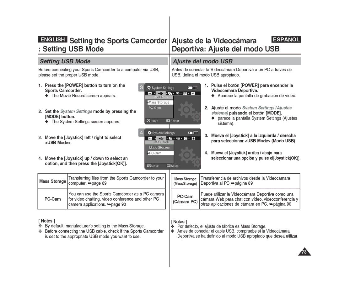 Samsung VP-X300/XEF manual Ajuste de la Videocámara, Setting USB Mode Deportiva Ajuste del modo USB, Sports Camcorder 