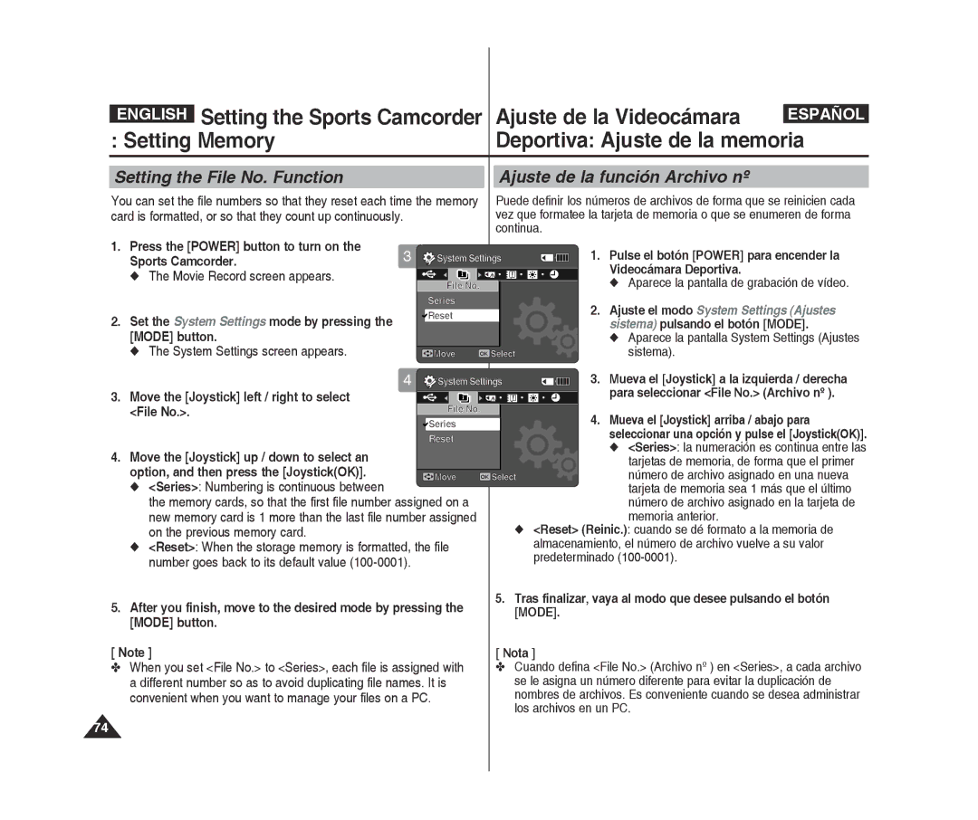 Samsung VP-X300/XET Setting Memory Deportiva Ajuste de la memoria, Mode button System Settings screen appears, File No 