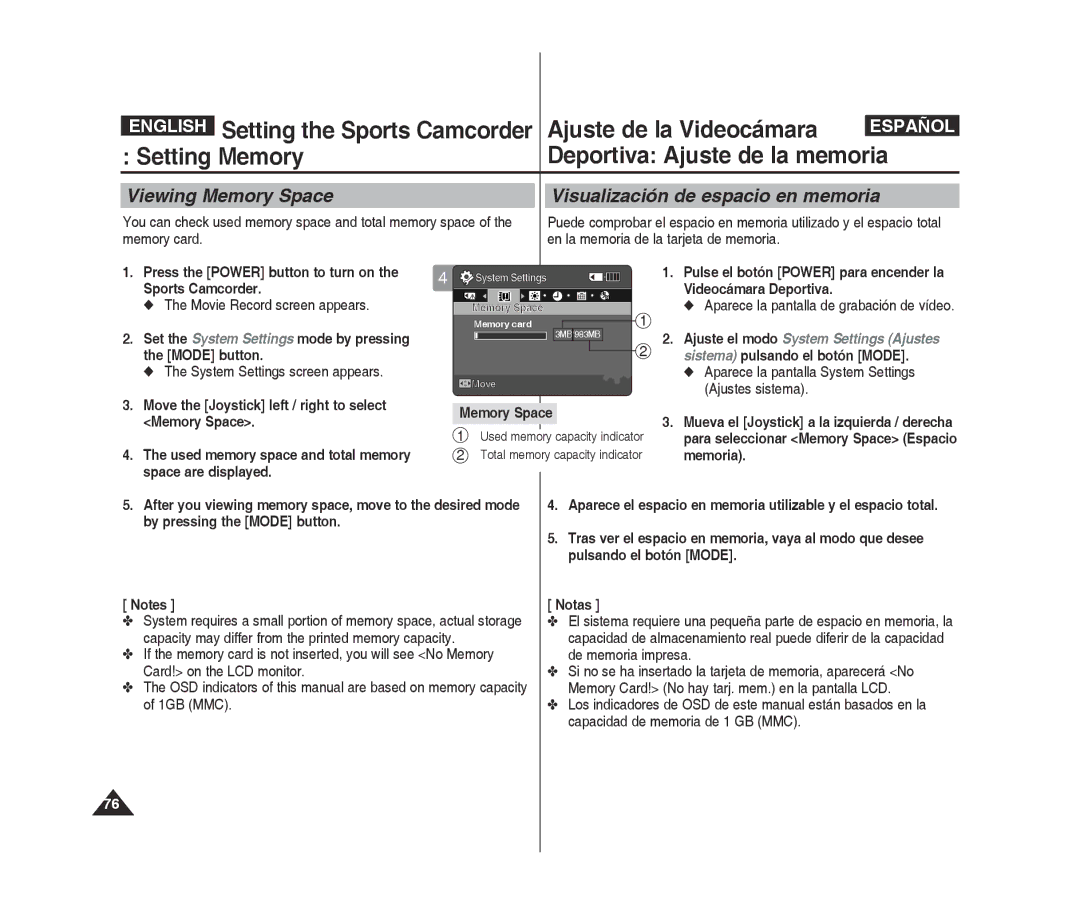 Samsung VP-X300L/XEE manual Viewing Memory Space Visualización de espacio en memoria, Aparece la pantalla System Settings 