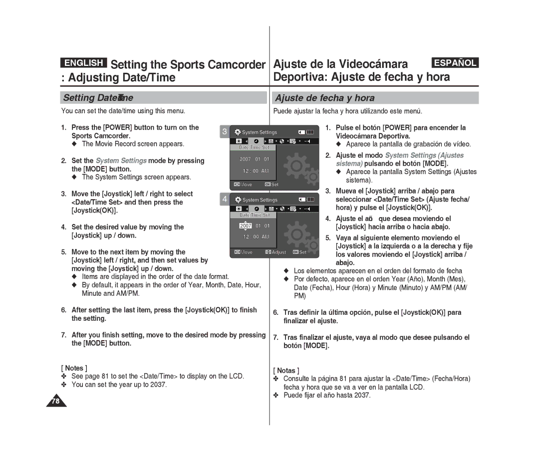 Samsung VP-X300L/XEF manual Adjusting Date/Time Deportiva Ajuste de fecha y hora, Setting Date&Time Ajuste de fecha y hora 