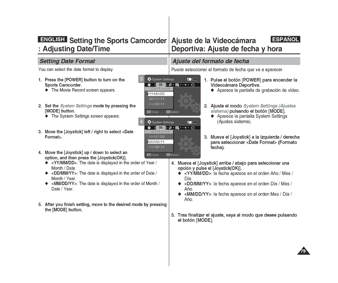 Samsung VP-X300/XEF, VP-X300L/XEF, VP-X300/XET, VP-X300L/XET manual Setting Date Format Ajuste del formato de fecha, Fecha 