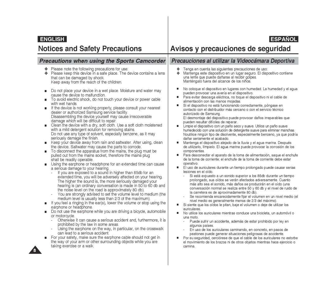 Samsung VP-X300/XET manual Precautions when using the Sports Camcorder, Precauciones al utilizar la Videocámara Deportiva 