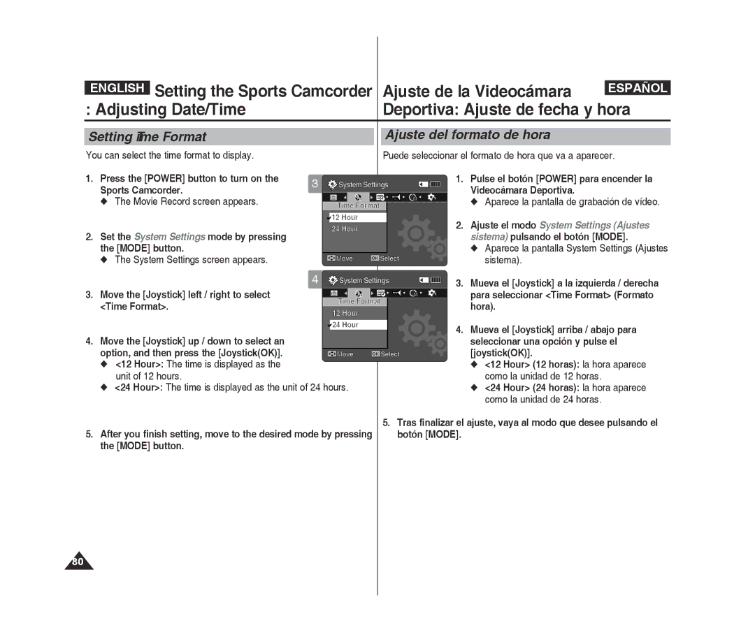 Samsung VP-X300/XET, VP-X300L/XEF, VP-X300/XEF, VP-X300L/XET, VP-X300L/XEE Setting Time Format Ajuste del formato de hora 