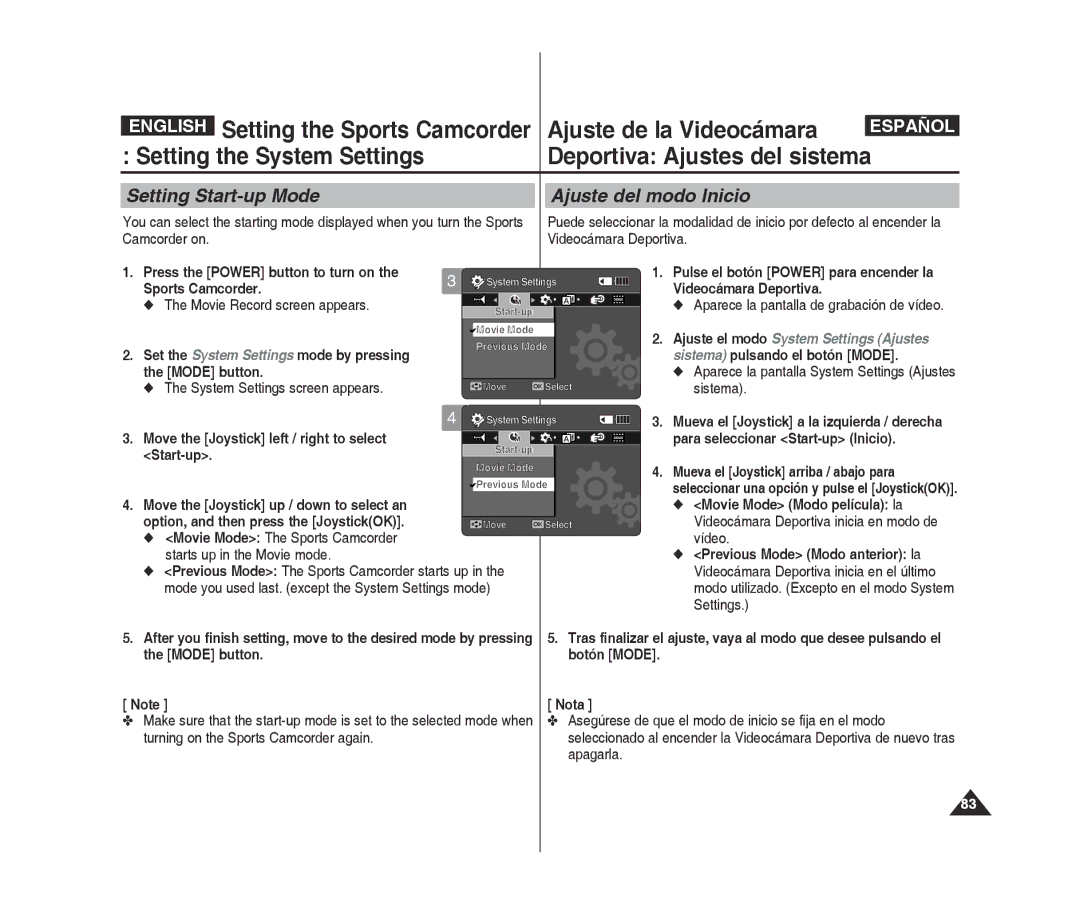 Samsung VP-X300L/XEO manual Setting Start-up Mode Ajuste del modo Inicio, Move the joystick left / right to select Start-up 