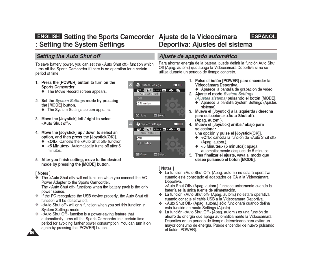 Samsung VP-X300/XET, VP-X300L/XEF manual Setting the Sports Camcorder Ajuste de la Videocámara, Setting the Auto Shut off 