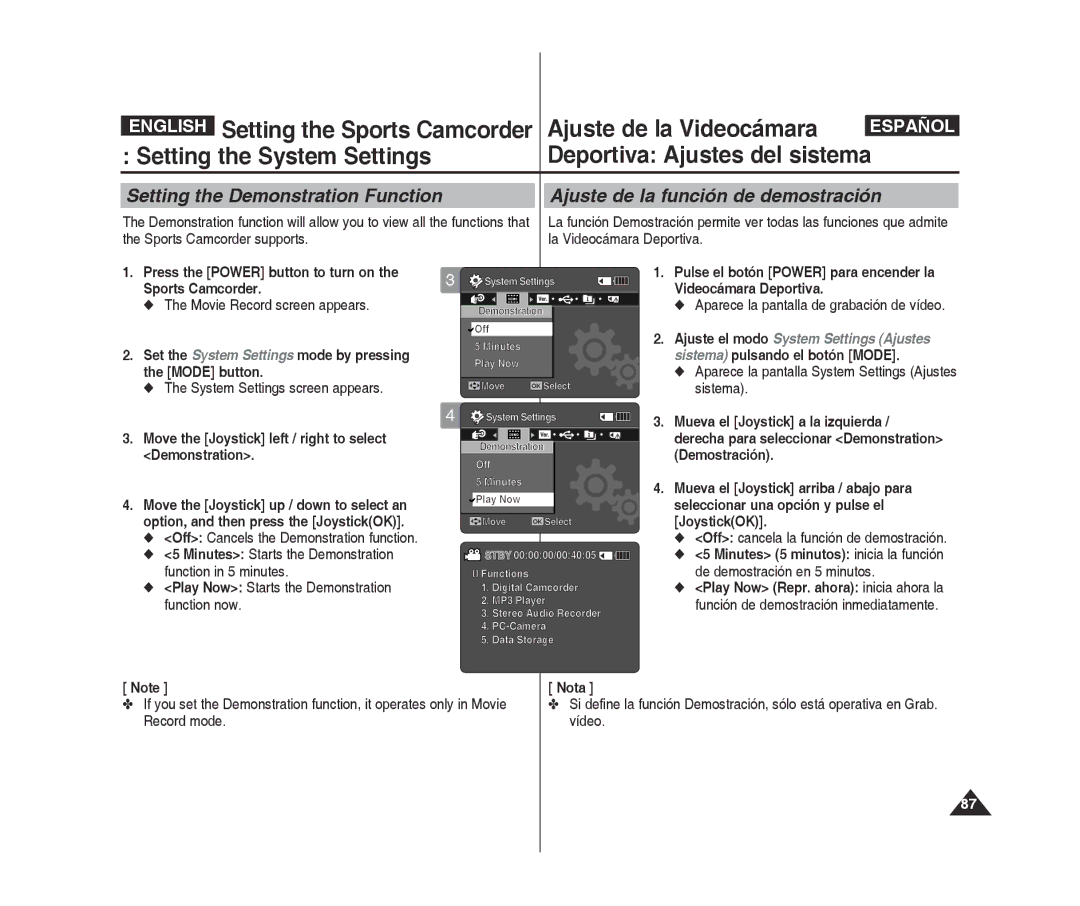 Samsung VP-X300L/XET manual Move the joystick left / right to select Demonstration, Off cancela la función de demostración 