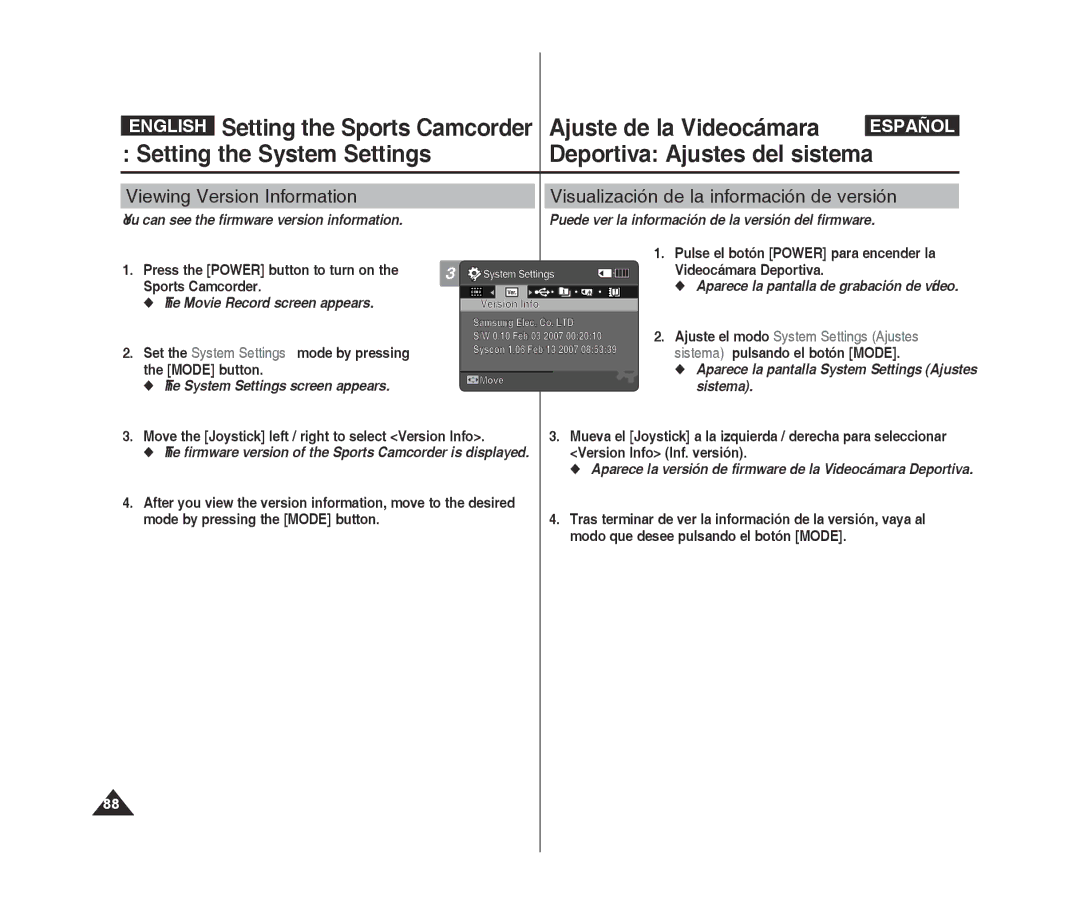 Samsung VP-X300L/XEE, VP-X300L/XEF You can see the firmware version information, System Settings screen appears Sistema 