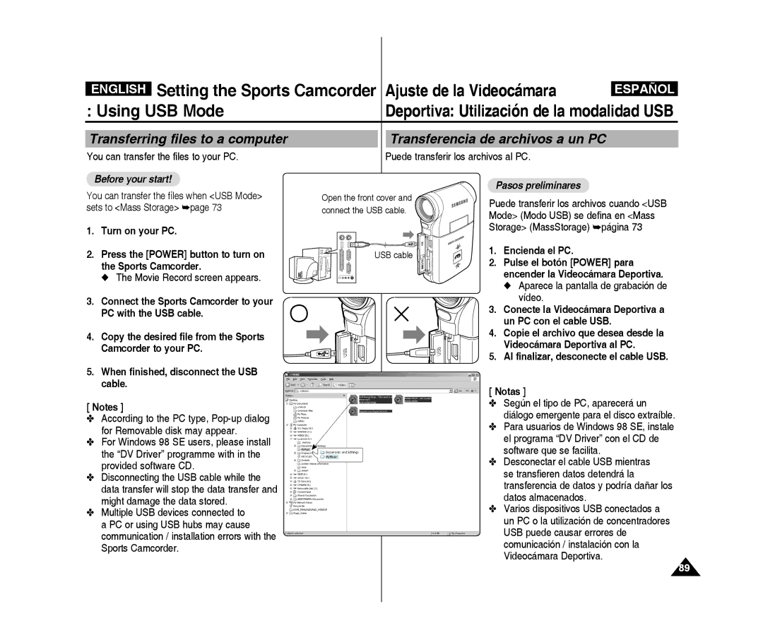 Samsung VP-X300L/XEO Turn on your PC, Encienda el PC, USB cable, Conecte la Videocámara Deportiva a un PC con el cable USB 