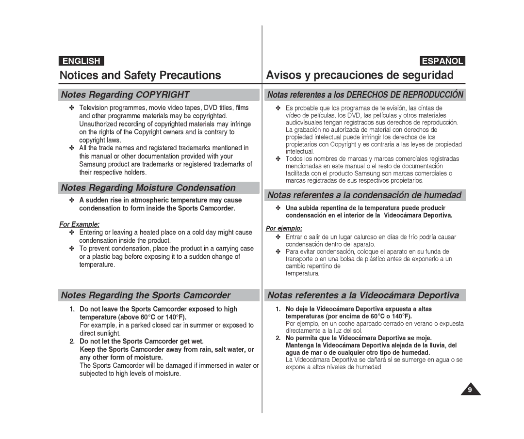 Samsung VP-X300L/XET manual Notas referentes a los Derechos DE Reproducción, Notas referentes a la condensación de humedad 