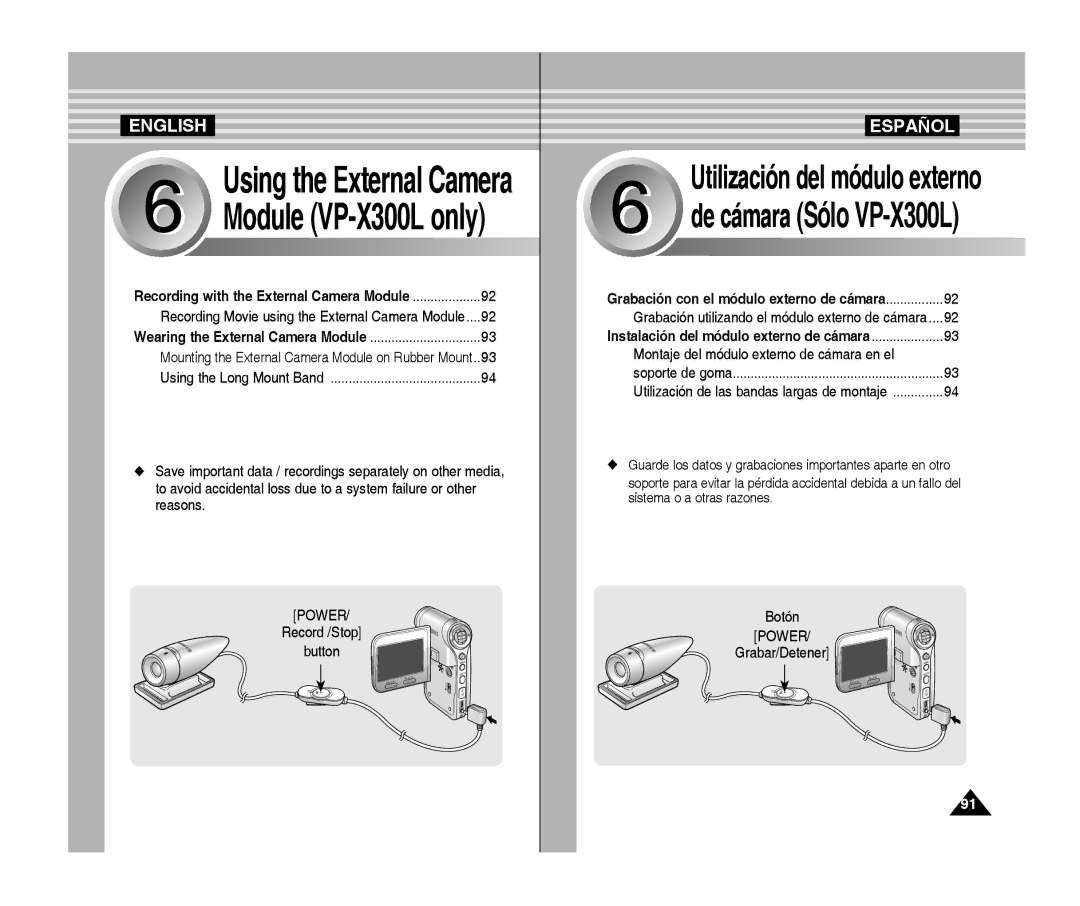 Samsung VP-X300/XEF, VP-X300/XET Mounting the External Camera Module on Rubber Mount..93, Using the Long Mount Band, Botón 