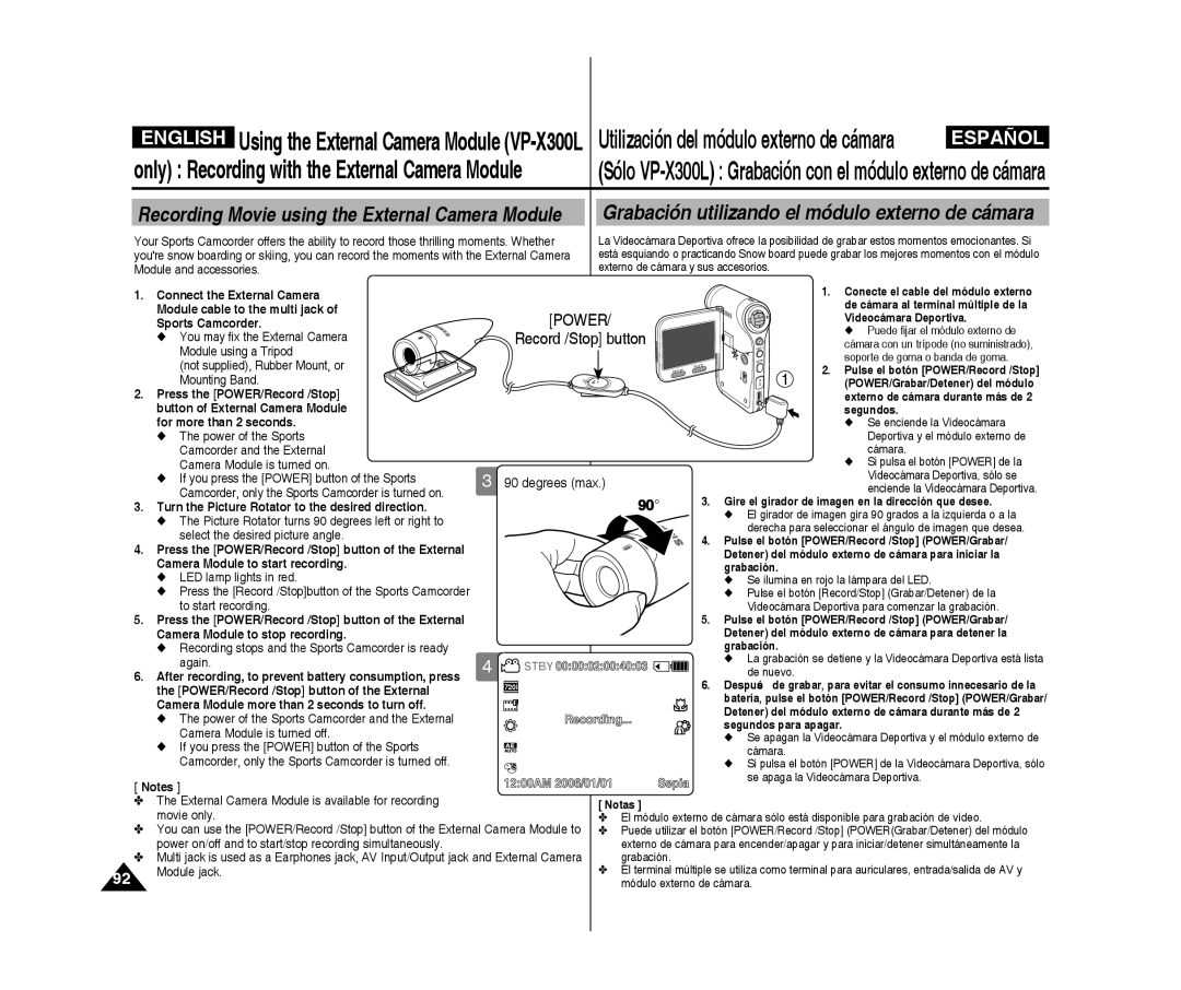 Samsung VP-X300/XET manual Grabación utilizando el módulo externo de cámara, Only Recording with the External Camera Module 
