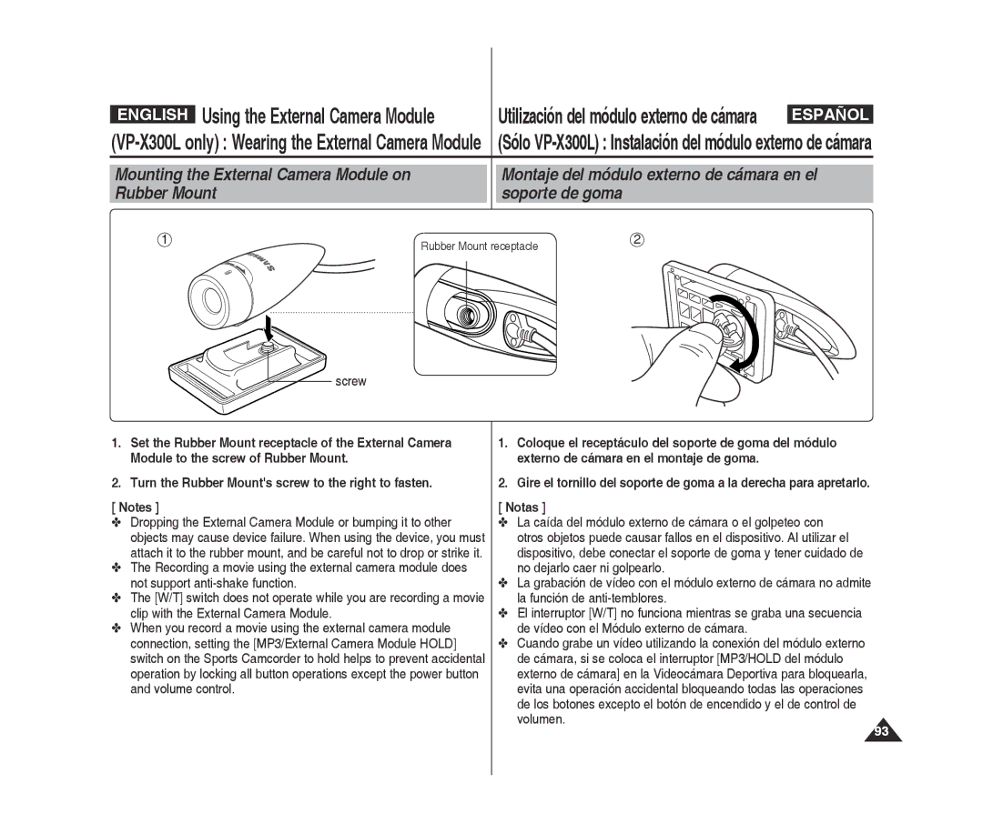 Samsung VP-X300L/XET, VP-X300L/XEF Mounting the External Camera Module on Rubber Mount, Screw, Rubber Mount receptacle 