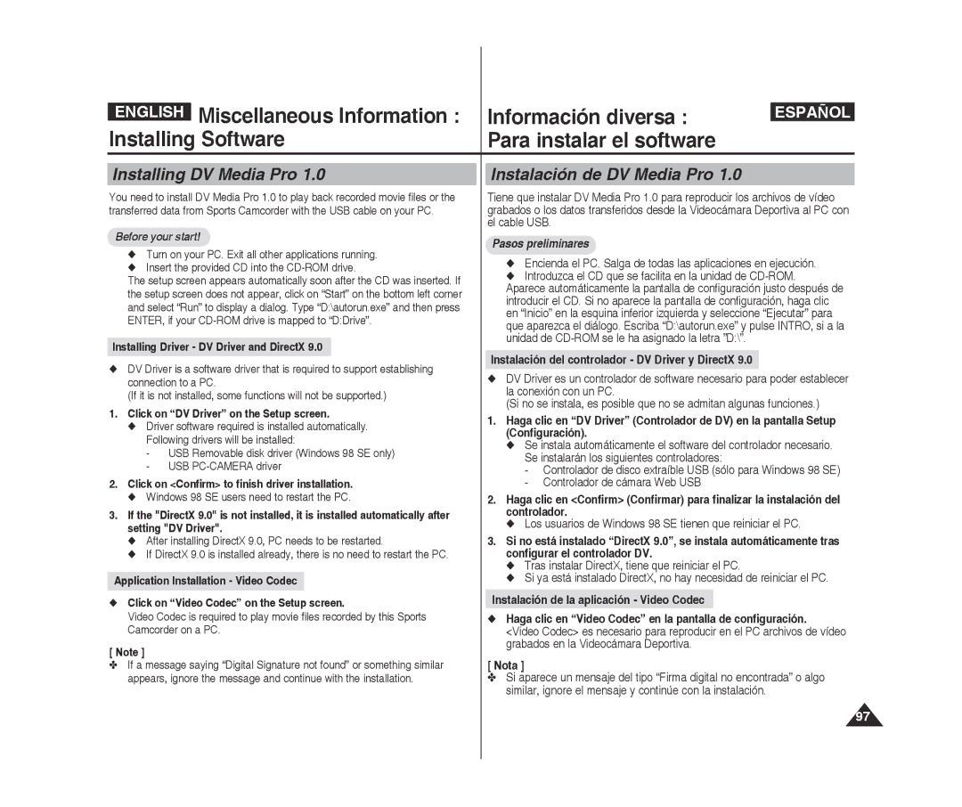 Samsung VP-X300/XEF Installing DV Media Pro, Instalación de DV Media Pro, Instalación del controlador DV Driver y DirectX 