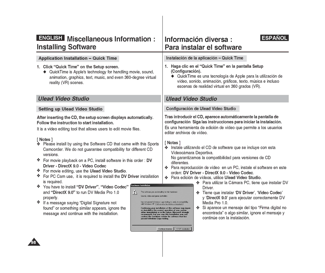 Samsung VP-X300/XET Setting up Ulead Video Studio, Driver DirectX 9.0 Video Codec, Configuración de Ulead Video Studio 