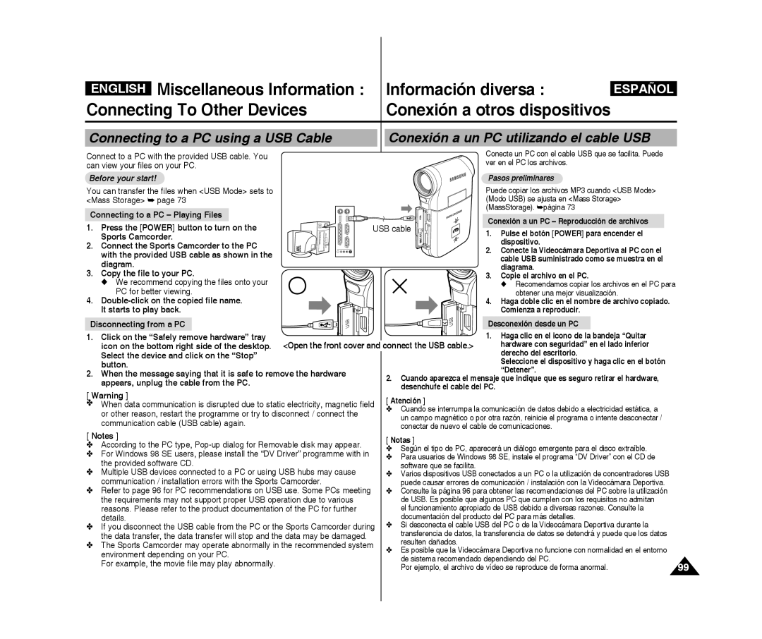 Samsung VP-X300L/XET, VP-X300L/XEF, VP-X300/XEF Miscellaneous Information Información diversa, Connecting To Other Devices 