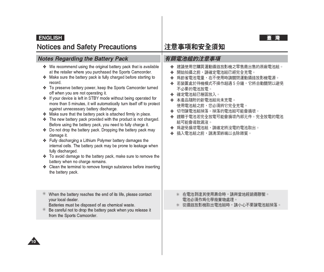 Samsung VP-X300L/XEE, VP-X300L/XEF manual 有關電池組的注意事項, Your local dealer, Batteries must be disposed of as chemical waste 