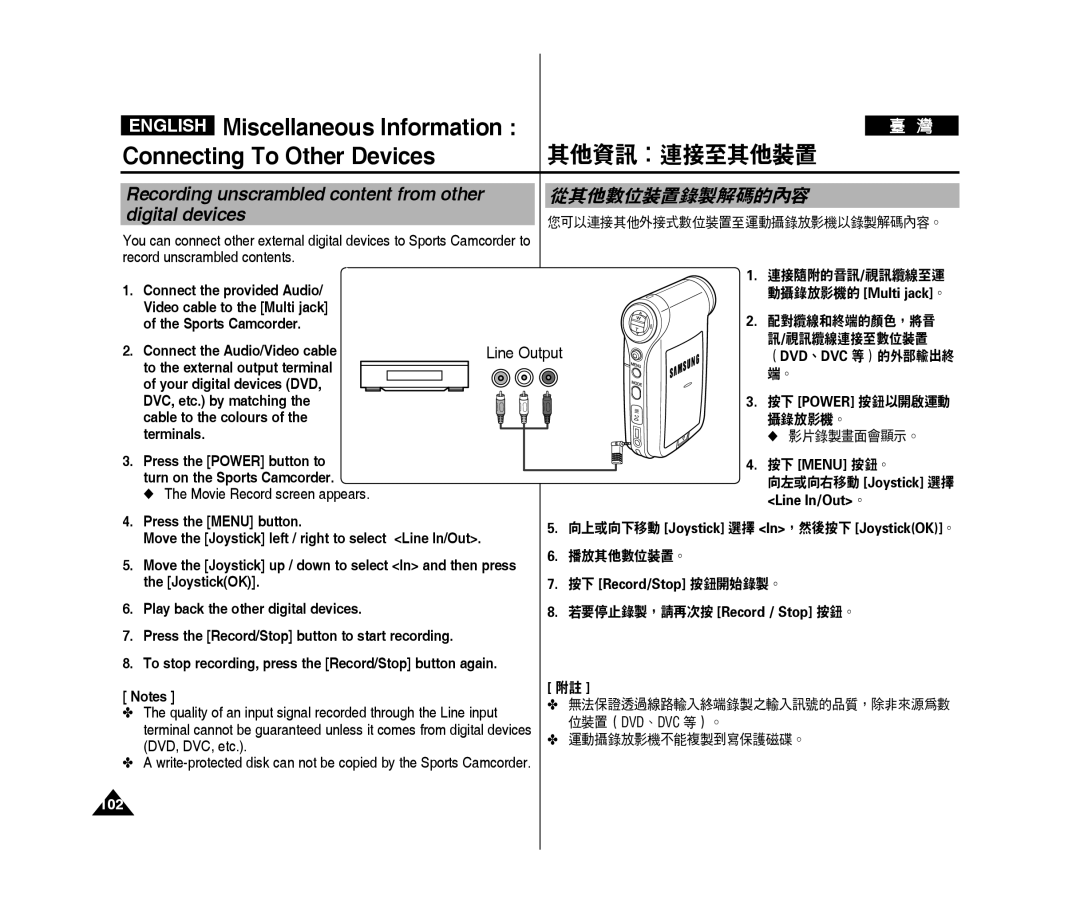 Samsung VP-X300L/XEF, VP-X300/XEF, VP-X300/XET, VP-X300L/XET manual Recording unscrambled content from other digital devices 