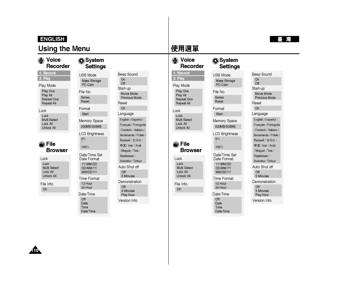 Samsung VP-X300/XET, VP-X300L/XEF, VP-X300/XEF, VP-X300L/XET, VP-X300L/XEE manual Voice Recorder, File Browser, System Settings 