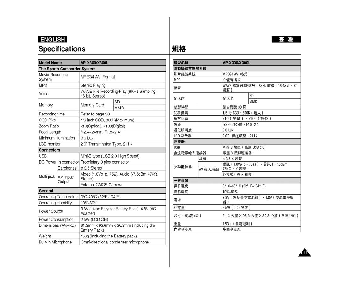 Samsung VP-X300L/XET, VP-X300L/XEF, VP-X300/XEF manual Specifications規格, Model Name VP-X300/X300L Sports Camcorder System 