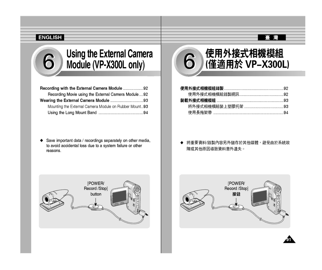 Samsung VP-X300/XEF, VP-X300L/XEF, VP-X300/XET, VP-X300L/XET, VP-X300L/XEE, VP-X300L/XEO manual 使用外接式相機模組 僅適用於 VP-X300L 