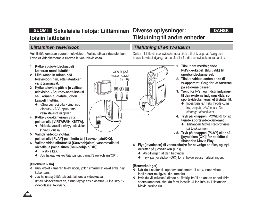 Samsung VP-X300L/XEF, VP-X300/XEF manual Liittäminen televisioon, Tilslutning til en tv-skærm, 100 