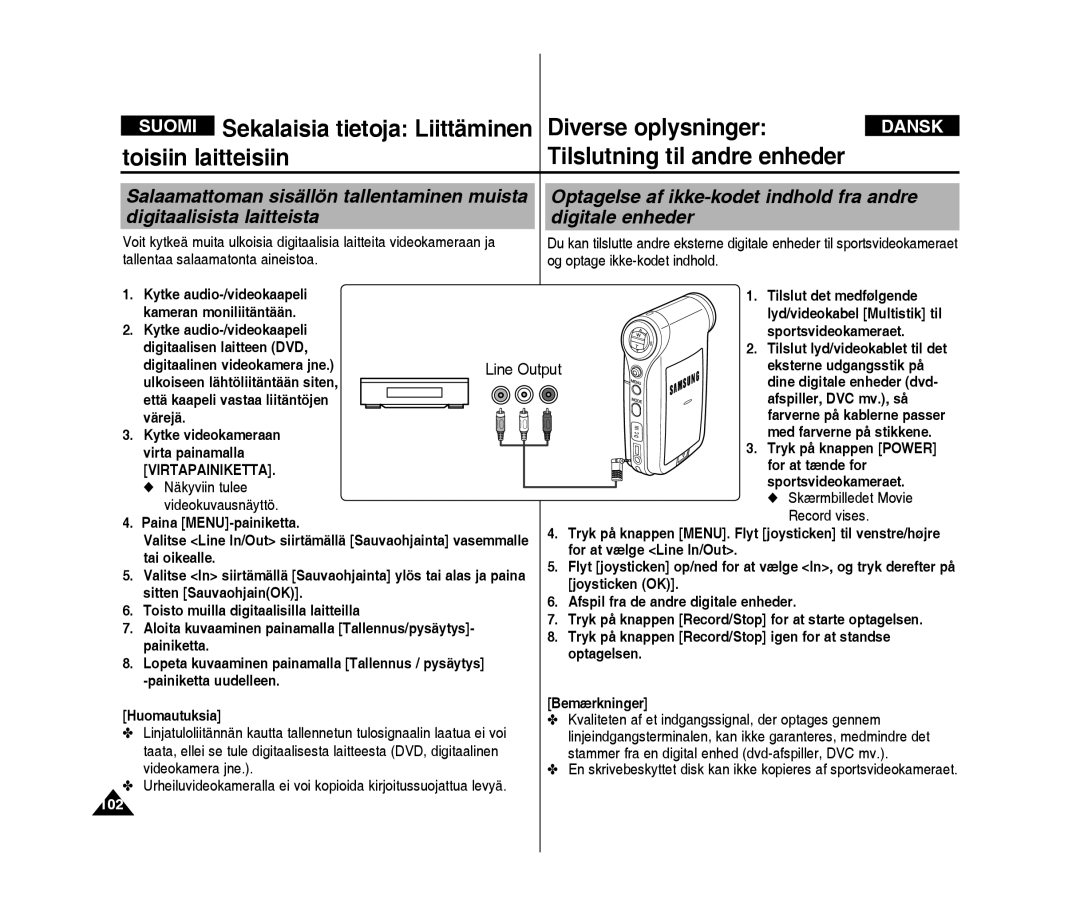 Samsung VP-X300L/XEF, VP-X300/XEF manual Optagelse af ikke-kodet indhold fra andre digitale enheder, Line Output, 102 