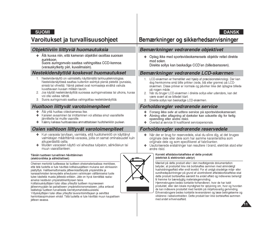 Samsung VP-X300/XEF, VP-X300L/XEF manual Nestekidenäyttöä koskevat huomautukset, Bemærkninger vedrørende LCD-skærmen 