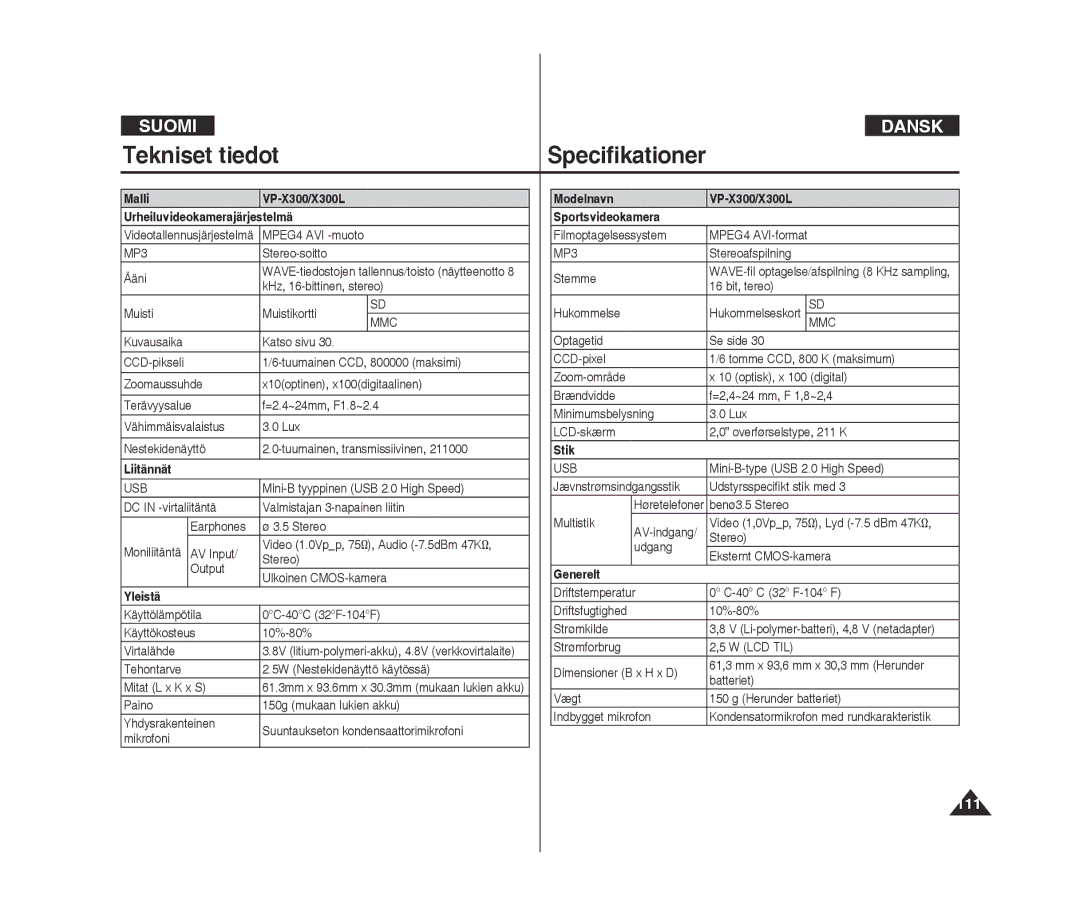 Samsung VP-X300/XEF, VP-X300L/XEF manual Tekniset tiedot Specifikationer, 111 