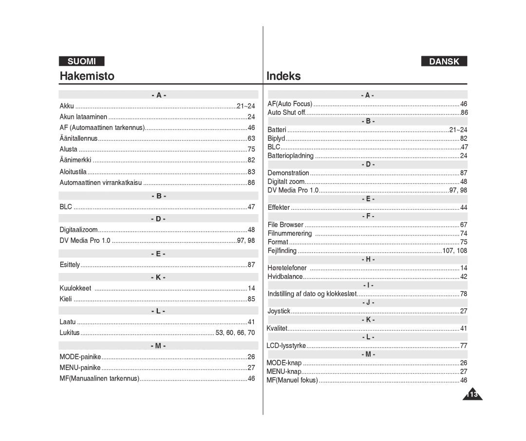 Samsung VP-X300/XEF, VP-X300L/XEF manual HakemistoIndeks, 21~24, 53, 60, 66, 107, 113 