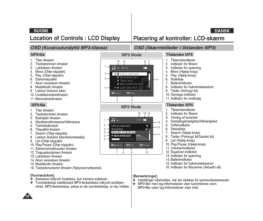 Samsung VP-X300L/XEF, VP-X300/XEF manual MP3-tila MP3 Mode, Tilstanden MP3, Bemærkninger 