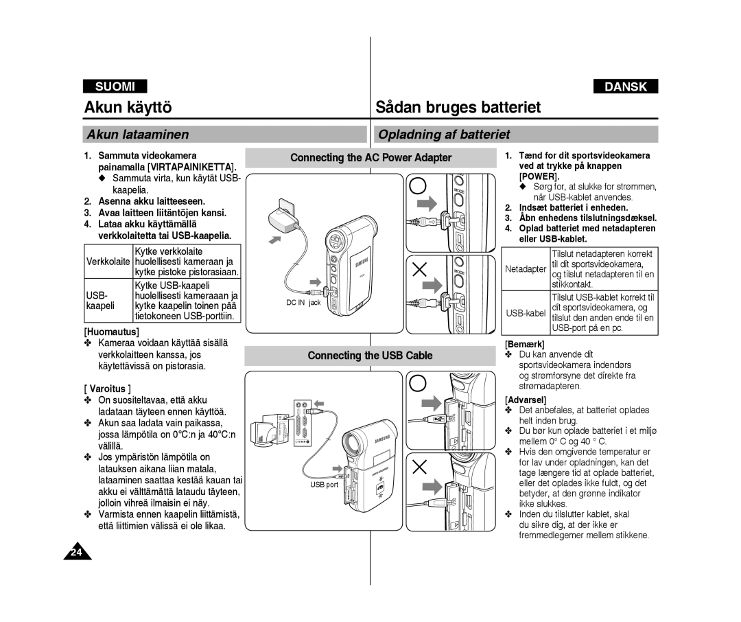 Samsung VP-X300L/XEF, VP-X300/XEF manual Opladning af batteriet, Connecting the AC Power Adapter, Connecting the USB Cable 