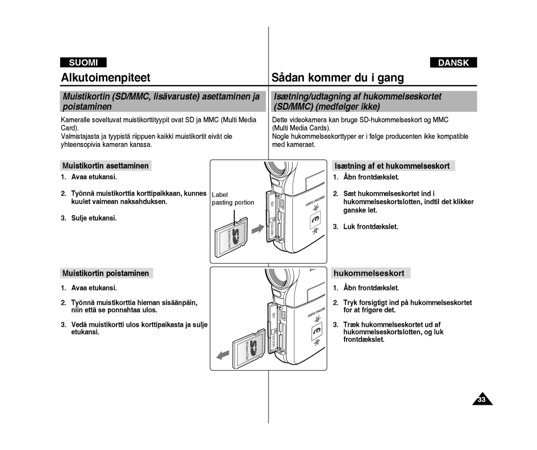 Samsung VP-X300/XEF Muistikortin SD/MMC, lisävaruste asettaminen ja poistaminen, Muistikortin asettaminen, Hukommelseskort 