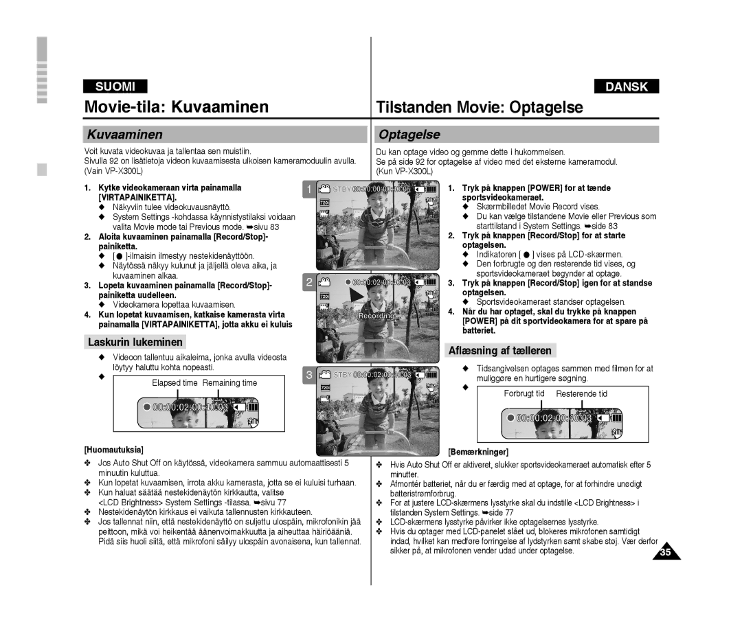 Samsung VP-X300/XEF manual Movie-tila Kuvaaminen Tilstanden Movie Optagelse, Kuvaaminen Optagelse, Laskurin lukeminen 