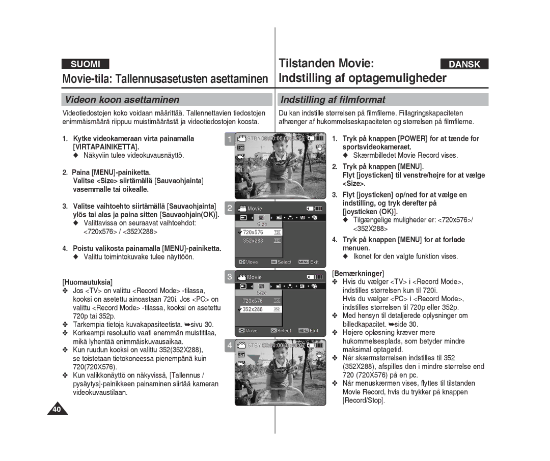 Samsung VP-X300L/XEF Tilstanden Movie, Indstilling af optagemuligheder, Videon koon asettaminen Indstilling af filmformat 