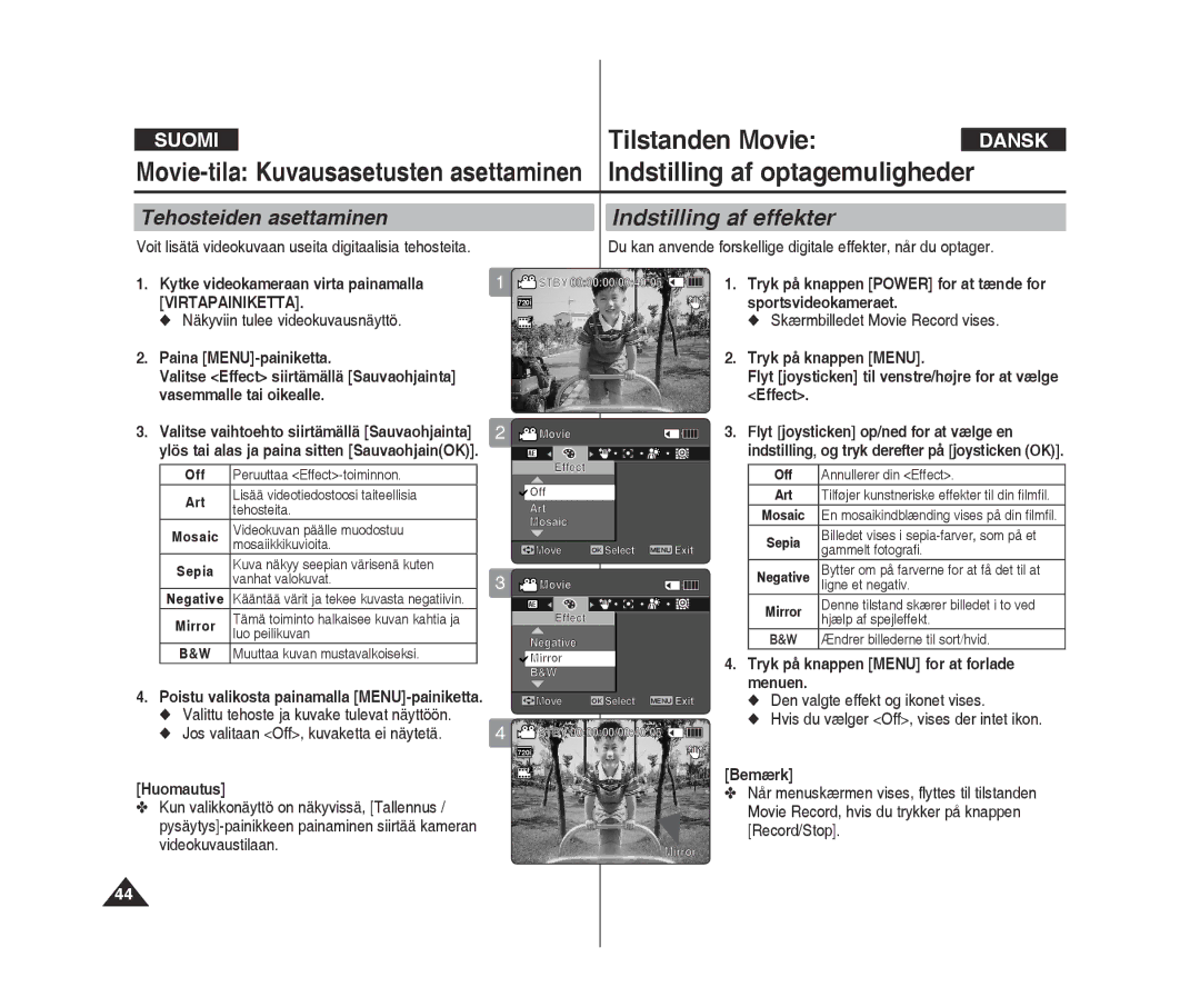 Samsung VP-X300L/XEF manual Valitse Effect siirtämällä sauvaohjainta, Valitse vaihtoehto siirtämällä sauvaohjainta, Off 