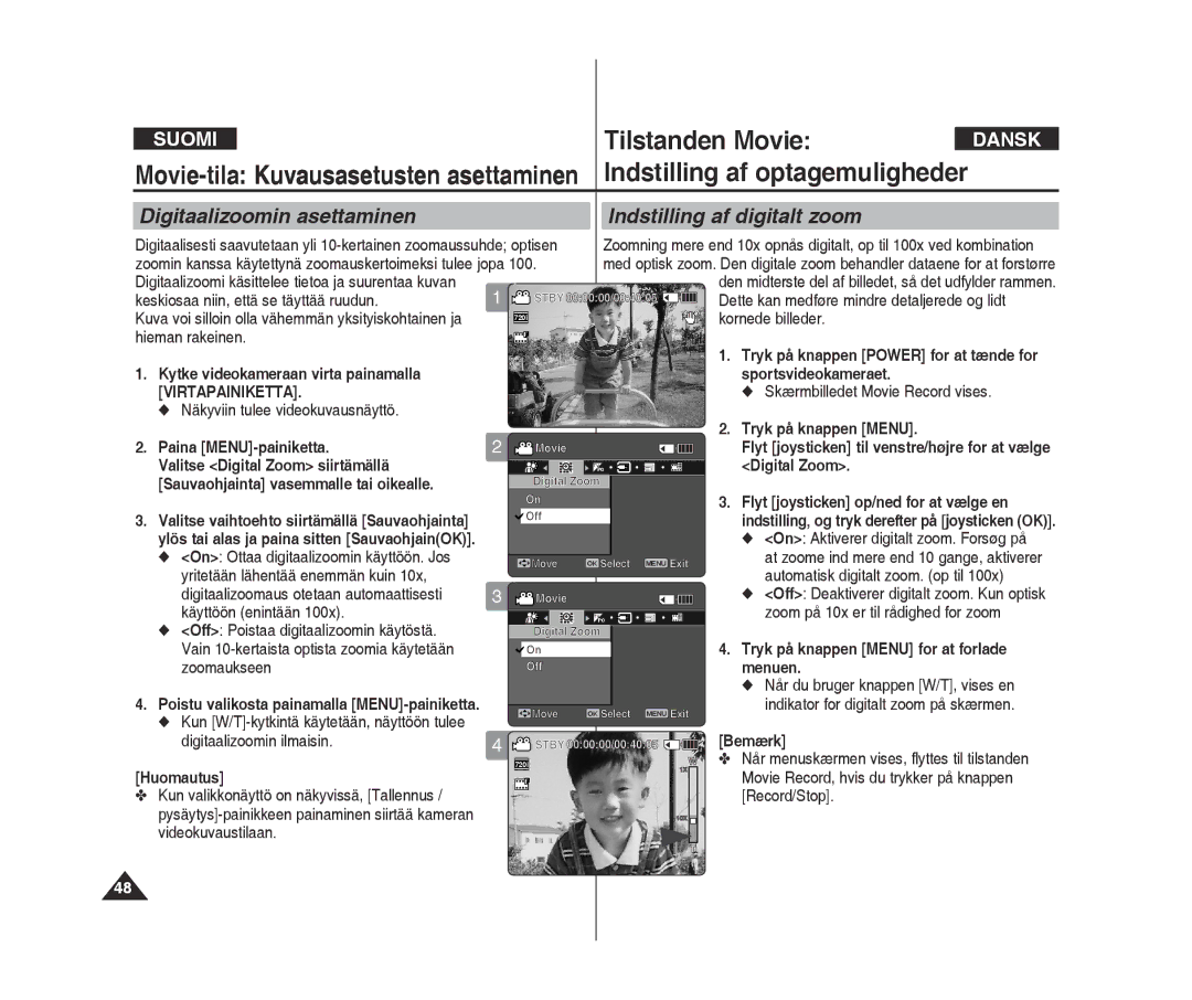 Samsung VP-X300L/XEF manual Digitaalizoomin asettaminen Indstilling af digitalt zoom, Sportsvideokameraet Virtapainiketta 