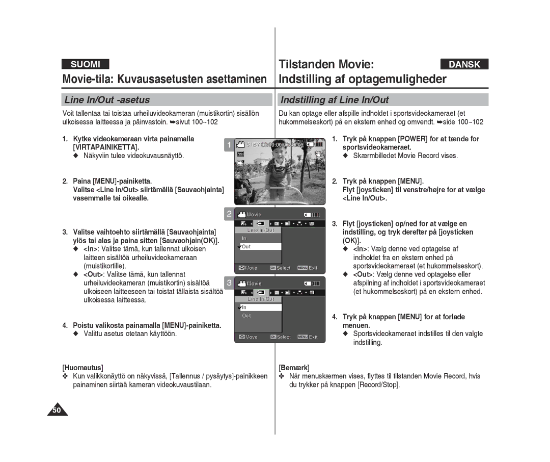 Samsung VP-X300L/XEF, VP-X300/XEF manual Line In/Out -asetus Indstilling af Line In/Out 