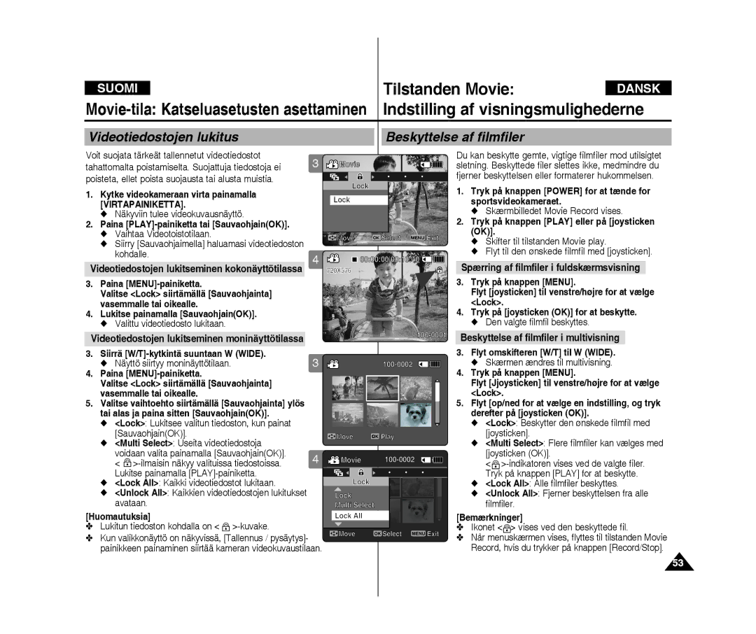 Samsung VP-X300/XEF, VP-X300L/XEF manual Spærring af filmfiler i fuldskærmsvisning, Beskyttelse af filmfiler i multivisning 